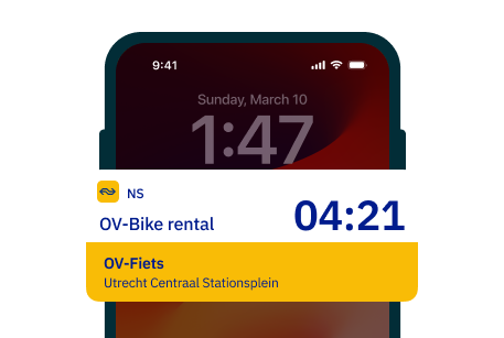 Lock-screen notification tracking a live OV-bike rental at 04:21.
